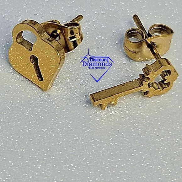 Gold Titanium Lock and Key Stud Pushback Earrings. - Picture 10 of 14